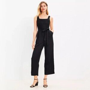 LOFT Petite Scalloped Linen Blend Square Neck Jumpsuit – Black